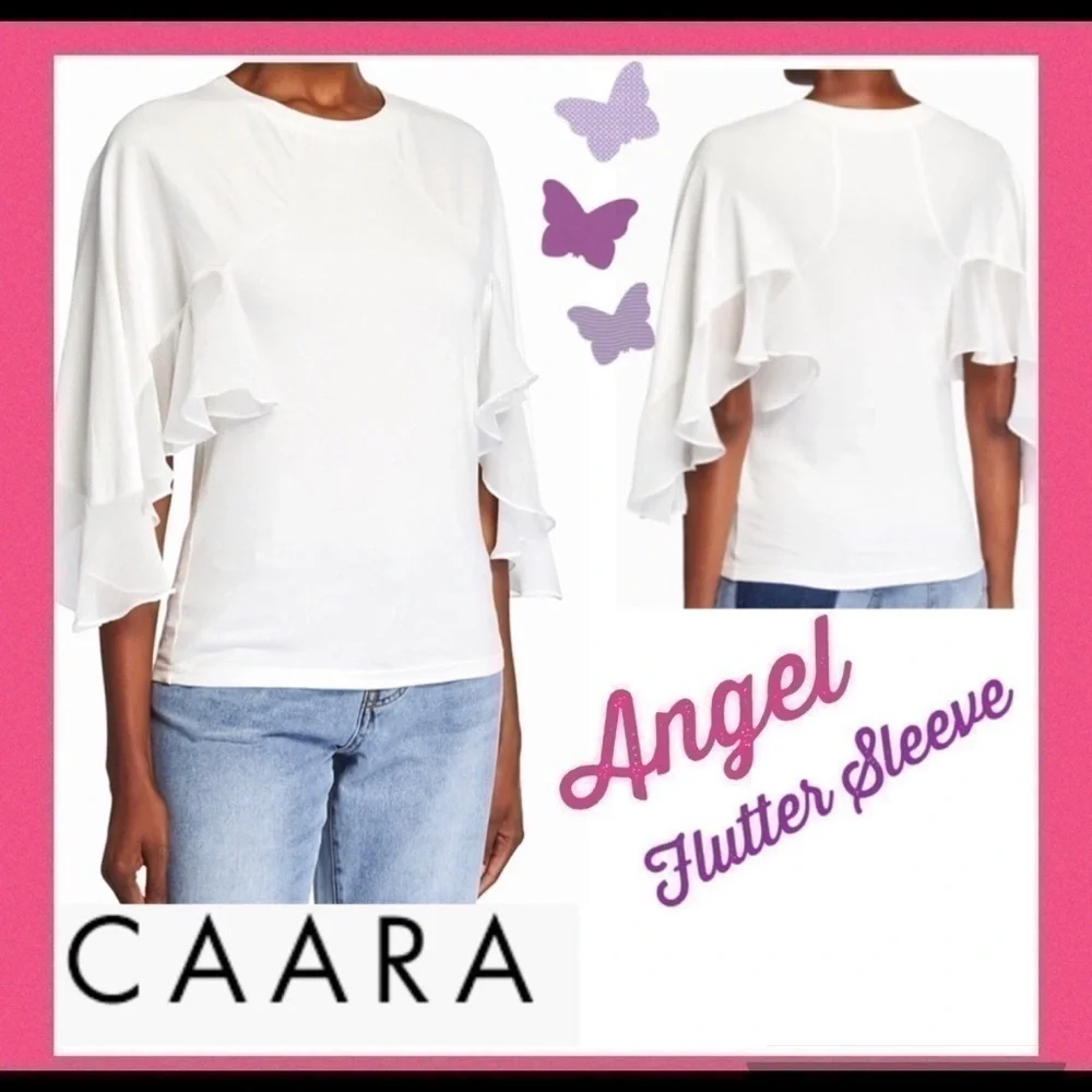 caara White Top Angel Flutter Sleeve Top Blouse 100% Cotton - Picture 8 of 13